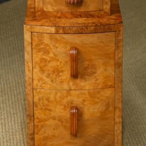 Antique English Pair of Art Deco Burr Walnut Skyscraper Bedsides Chests Tables Nightstands Cabinets (Circa 1930)
