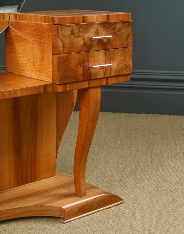 Antique English Art Deco Walnut Pedestal Dressing / Vanity Table & Mirror (Circa 1930)