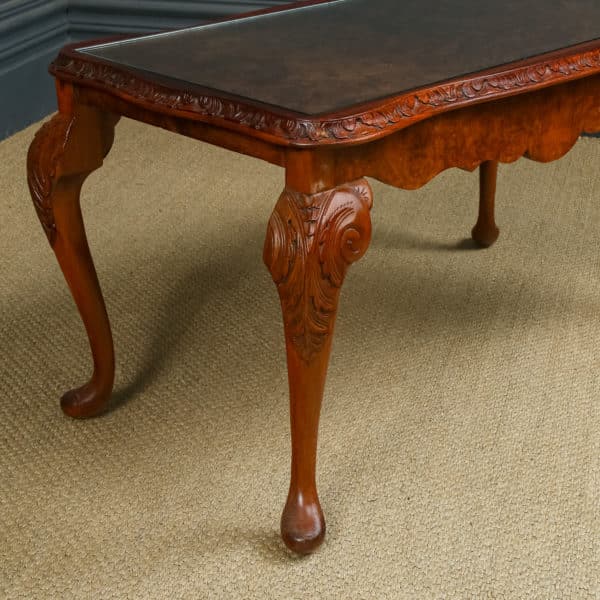 Antique English Queen Anne Style Nest of Three Carved Burr Walnut & Glass Coffee Tables (Circa 1920)
