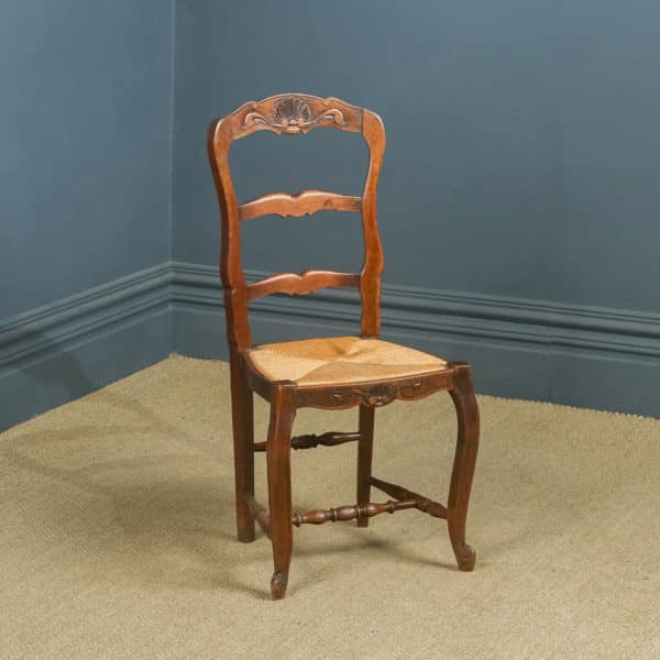 Antique French Set of 8 Eight Louis XV Style Oak Ladder Back Rush Seat Kitchen Dining Chairs (Circa 1920)