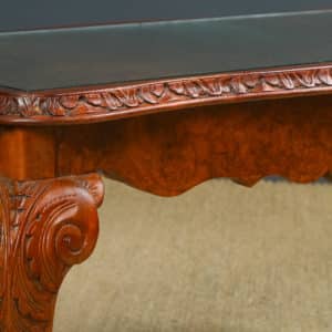 Antique English Queen Anne Style Nest of Three Carved Burr Walnut & Glass Coffee Tables (Circa 1920)