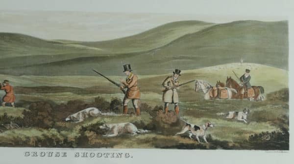Antique English Victorian Set of Four Hand Coloured Watercolour Lithograph Painting Picture Aquatint Prints of Shooting Scenes by Thomas Sutherland (Circa 1890)