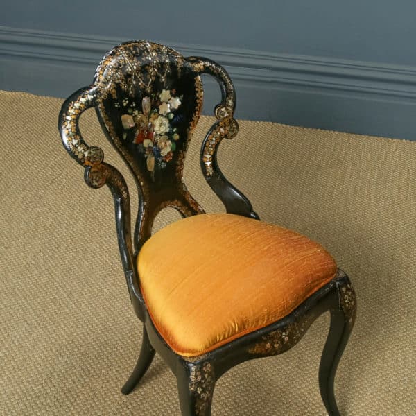 Antique English Victorian Ebonised Gilt & Mother of Pearl Chinoiserie Occasional Side / Bedroom Chair (Circa 1850)