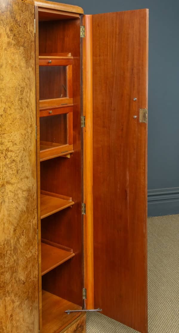 English Art Deco Burr Walnut Three Door Armoire Wardrobe with Fitted Glass Interior (Circa 1930)