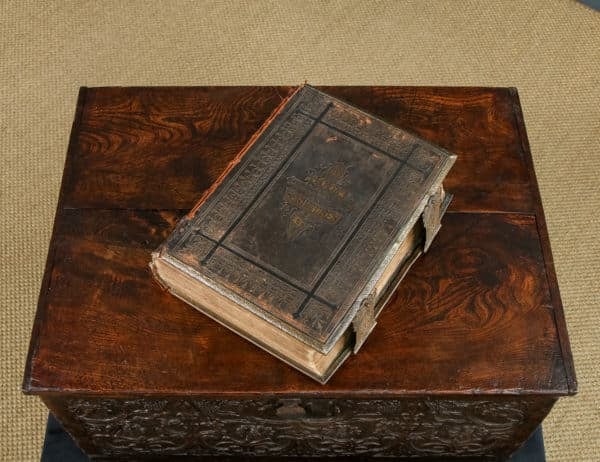 Antique English 17th Century Solid Oak & Elm Carved Bible / Writing Box / Trunk / Small Chest (Circa 1680)