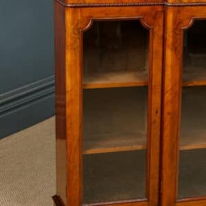 Antique English Victorian Burr Walnut Glazed Breakfront Inlaid Display Bookcase (Circa 1860)