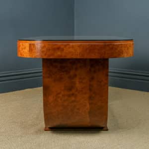 Antique English Art Deco Epstein Burr Walnut Cloud Dining Room Suite Table & Six Leather Dining Chairs (Circa 1930)