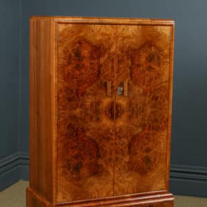 Small English Art Deco Burr Walnut Two Door Armoire Compactum Wardrobe Tallboy by Wolfe & Hollander (Circa 1930)