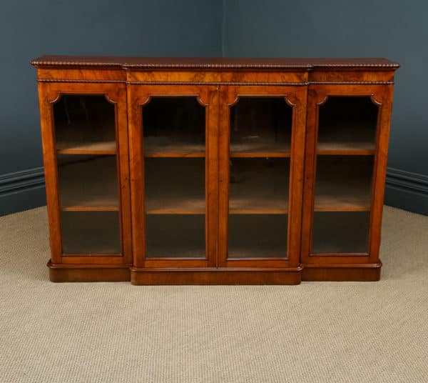 Antique English Victorian Burr Walnut Glazed Breakfront Inlaid Display Bookcase (Circa 1860)