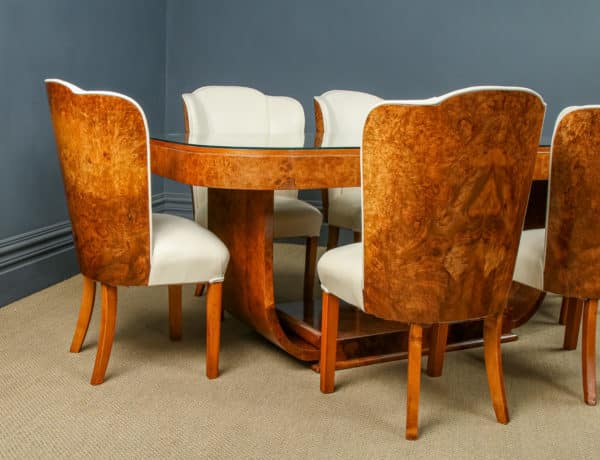 Antique English Art Deco Epstein Burr Walnut Cloud Dining Room Suite Table & Six Leather Dining Chairs (Circa 1930)