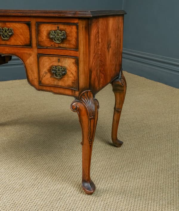 Antique English Queen Anne Style 3ft 6” Figured Walnut & Leather Serpentine Office Desk (Circa 1930)
