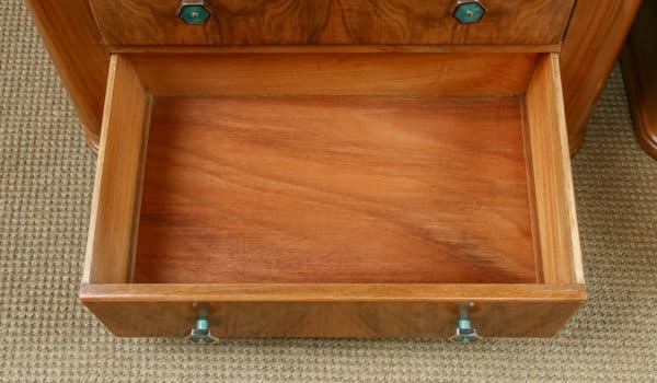 English Pair of Art Deco Walnut Bedsides Chests Tables Nightstands with Three Drawers (Circa 1940)