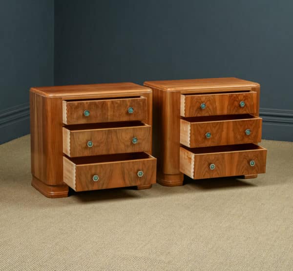 English Pair of Art Deco Walnut Bedsides Chests Tables Nightstands with Three Drawers (Circa 1940)