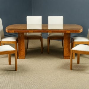 Antique English Art Deco Epstein Maple & Walnut Dining Room Suite Table & Six Leather Dining Chairs (Circa 1930)