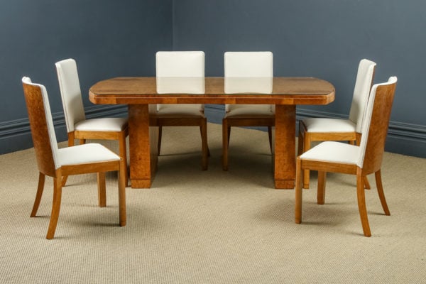 Antique English Art Deco Epstein Maple & Walnut Dining Room Suite Table & Six Leather Dining Chairs (Circa 1930)