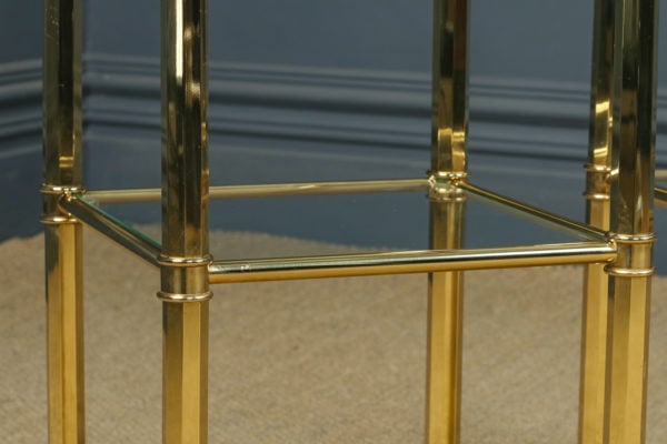 Vintage English Pair of Georgian Style Brass & Glass Tall Occasional Lamp Square Side Tables with Lower Shelf (Circa 1970)