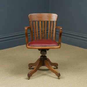 Antique English Edwardian Oak & Red Leather Revolving Office Desk Arm Chair by William Birchcraft (Circa 1910)