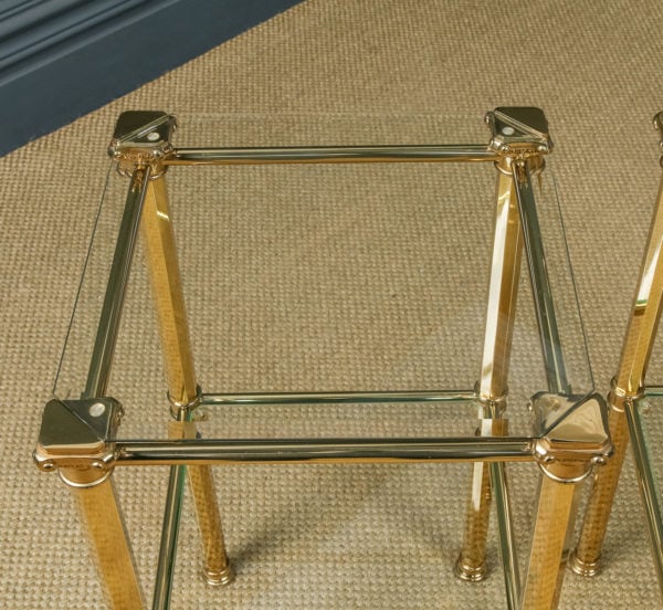 Vintage English Pair of Georgian Style Brass & Glass Tall Occasional Lamp Square Side Tables with Lower Shelf (Circa 1970)