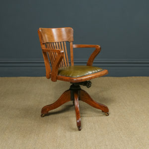 Antique English Edwardian Oak & Green Leather Revolving Office Desk Arm Chair by Cooke’s of Finsbury, London (Circa 1910)