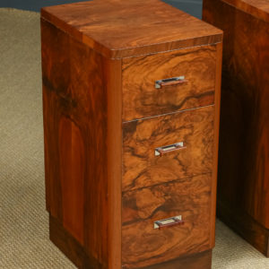 Antique English Pair of Art Deco Burr Walnut Bedsides Chests Cabinets Tables Nightstands (Circa 1930)