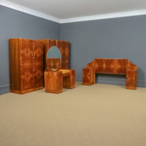 Antique English Art Deco Burr Walnut Five Piece Bedroom Suite – Two Wardrobes / Dressing Table / Pair Bedside Tables & 5ft King Size Headboard (Circa 1930)