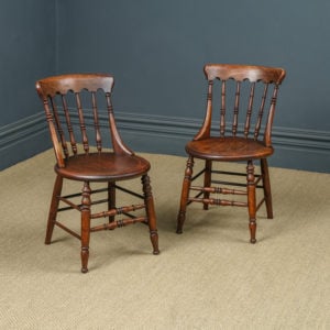 Antique English Victorian Pair of Ash & Elm Windsor Penny Stick Back Kitchen Chairs (Circa 1880)